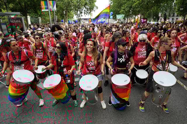 Participantes en la marcha del Orgullo, este sábado en Madrid.