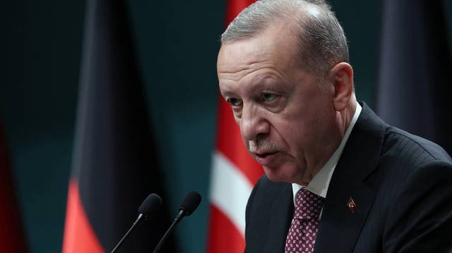 Turkish President Recep Tayyip Erdogan speaks during a press conference at the Presidential Complex in Ankara, Turkey, on April 24, 2024. (Adem Altan/AFP/Getty Images/TNS)