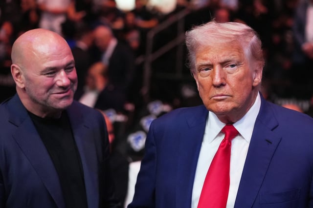 US President Donald Trump (C) and UFC CEO Dana White (L) attend a UFC 316 event, headlined by a rematch between Georgian mixed martial artist Merab Dvalishvili and US mixed martial artist Sean O&#39;Malley at the Prudential Center in Newark, New Jersey on June 7, 2025.