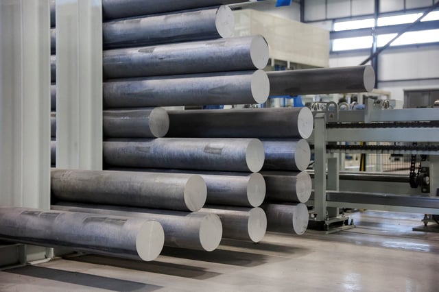 Large aluminum billets are stored at Magna Aluminum Profile in Salaberry de Valleyfield, Quebec, Canada, June 11, 2025. REUTERS/Evan Buhler/File Photo
