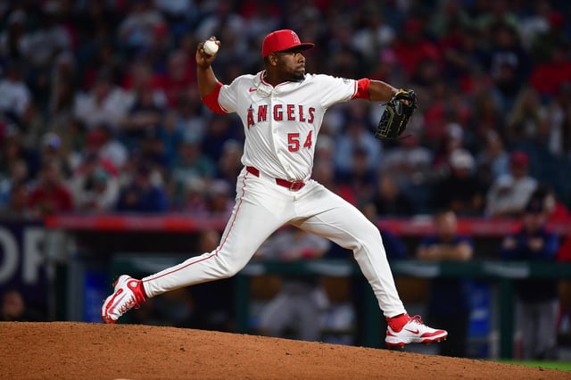 Jun 23, 2025; Anaheim, California, USA; Los Angeles Angels pitcher Héctor Neris (54) throws against the Boston Red Sox during the ninth inning at Angel Stadium. Mandatory Credit: Gary A. Vasquez-Imagn Images/File Photo