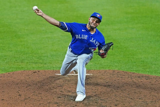 Aug 24, 2023; Baltimore, Maryland, USA; Toronto Blue Jays  pitcher Yimi Garcia (93) delivers in the eighth inning against the Baltimore Orioles at Oriole Park at Camden Yards. Mandatory Credit: Mitch Stringer-USA TODAY Sports/File Photo