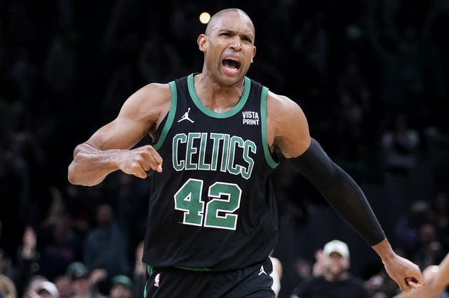Al Horford #42 of the Boston Celtics celebrates a win against the Cleveland Cavaliers in Game Five of the Eastern Conference Second Round Playoffs at TD Garden on May 15, 2024 in Boston, Massachusetts.