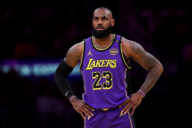 LeBron James #23 of the Los Angeles Lakers in action against the New Orleans Pelicans at Crypto.com Arena on April 04, 2025 in Los Angeles, California.
