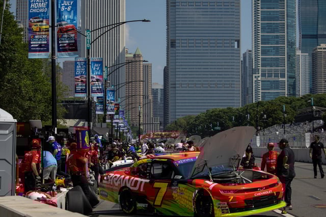 Cars in pit row in Grant Park during the NASCAR Xfinity Series The Loop 110 ahead of the NASCAR Cup Series on Saturday, July 5, 2025. (Audrey Richardson/Chicago Tribune)