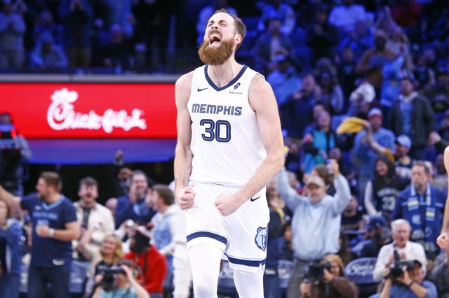 Dec 5, 2024; Memphis, Tennessee, USA; Memphis Grizzlies center Jay Huff (30) reacts after a basket during the fourth quarter against the Sacramento Kings at FedExForum. Mandatory Credit: Petre Thomas-Imagn Images/File Photo