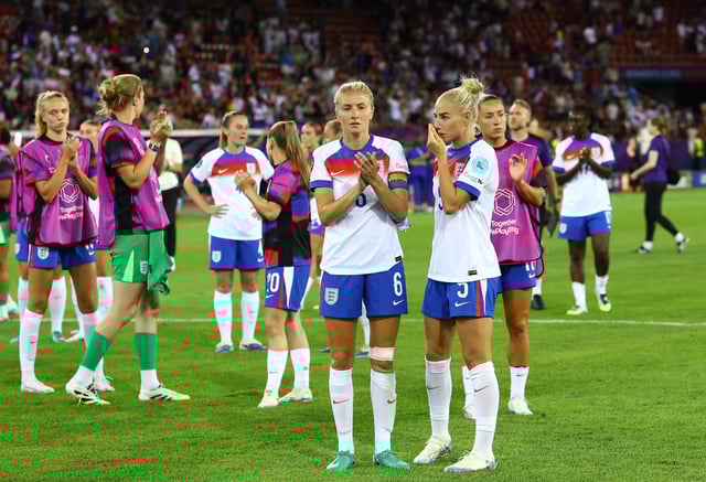 Soccer Football - UEFA Women's Euro 2025 - Group D - France v England - Stadion Letzigrund, Zurich, Switzerland - July 5, 2025 England's Leah Williamson and Alex Greenwood look dejected after the match REUTERS/Bernadett Szabo