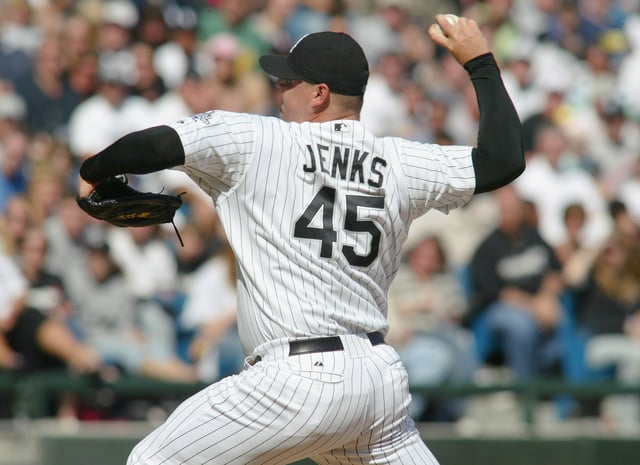 Chicago White Sox&#39; Closer, Bobby Jenks, pitches during their game against the Toronto Blue Jays April 15, 2006 at U.S. Cellular Field in Chicago, Illinois. The White Sox won 4-2.
