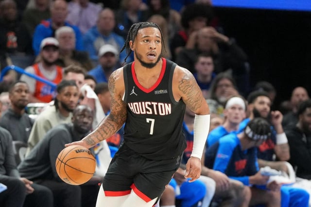 FILE – Houston Rockets forward Cam Whitmore pushes down the court during the second half of an NBA basketball game against the Oklahoma City Thunder, March 3, 2025, in Oklahoma City. (AP Photo/Kyle Phillips, File)