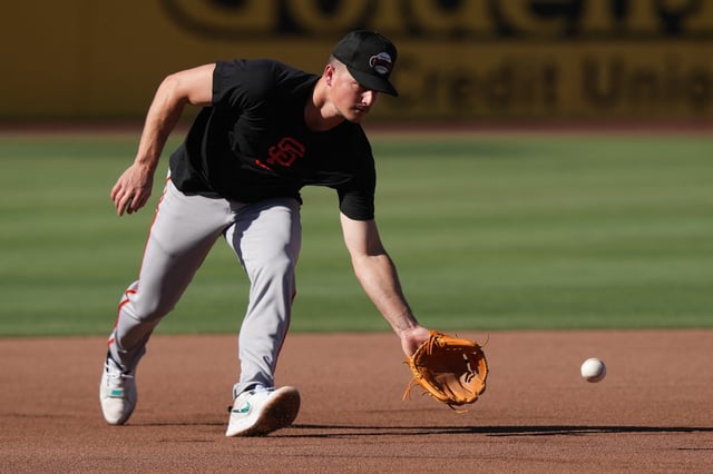 Jul 5, 2025; West Sacramento, California, USA; San Francisco Giants third baseman Matt Chapman (26) warms up before the game against the Athletics at Sutter Health Park. Darren Yamashita-Imagn Images