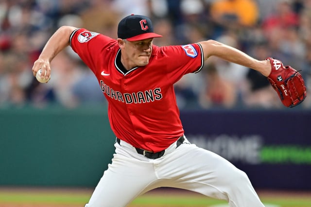 Jul 5, 2025; Cleveland, Ohio, USA; Cleveland Guardians relief pitcher Paul Sewald (34) throws a pitch during the eighth inning against the Detroit Tigers at Progressive Field. Ken Blaze-Imagn Images