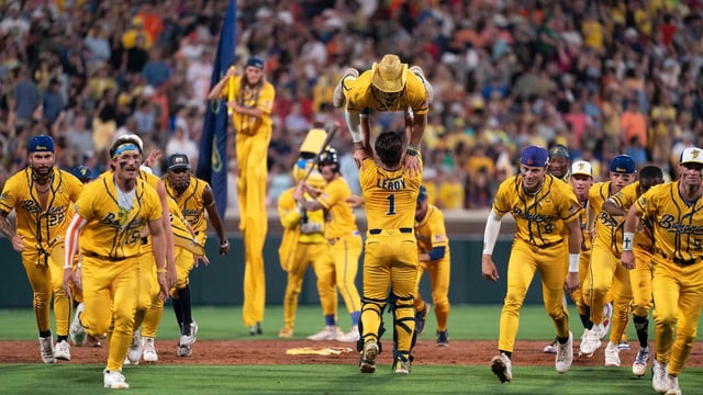 Savannah Bananas perform a routine during a game against the Party Animals at Memorial Stadium 