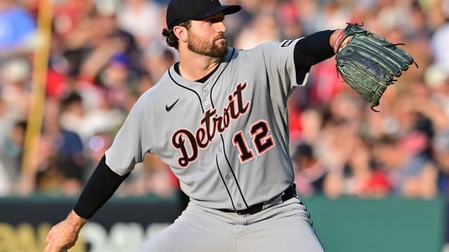 Jul 5, 2025; Cleveland, Ohio, USA; Detroit Tigers starting pitcher Casey Mize (12) throws a pitch during the first inning against the Cleveland Guardians at Progressive Field. Mandatory Credit: Ken Blaze-Imagn Images