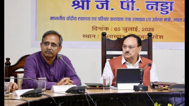 Union minister and BJP national president JP Nadda chairs a meeting to review the progress of highway works, in Bilaspur on Saturday. (ANI)