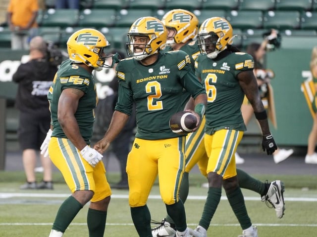 Edmonton Elks quarterback Tre Ford (2) celebrates a touchdown against the Montreal Alouettes during second-half CFL action on Thursday, June 19, 2025, in Edmonton.