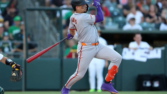 Willy Adames of the San Francisco Giants hits a two-run single during the first inning against the Athletics at Sutter Health Park on Saturday, July 5, 2025, in Sacramento, California. (Scott Marshall/Getty Images/TNS)