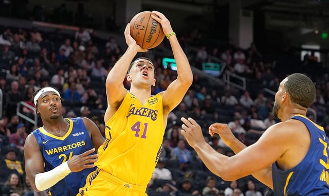 The Lakers’ Cole Swider goes up to shoot during the second half of a California Classic summer league game against the Golden State Warriors on Saturday at the Chase Center in San Francisco. Swider shot 6 for 8 from 3-point range on his way to a game-high 24 points and grabbed a team-best eight rebounds in an 89-84 loss. (Photo by Thearon W. Henderson/Getty Images)