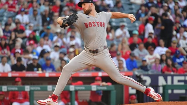 Jun 24, 2025; Anaheim, California, USA;  Boston Red Sox pitcher Garrett Crochet (35) throws against the Los Angeles Angels during the first inning at Angel Stadium. Mandatory Credit: Gary A. Vasquez-Imagn Images
