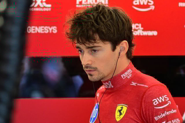 Ferrari&#39;s Monegasque driver Charles Leclerc in the garage during the third practice session ahead of the Formula One British Grand Prix at the Silverstone motor racing circuit in Silverstone, central England, on July 5, 2025.