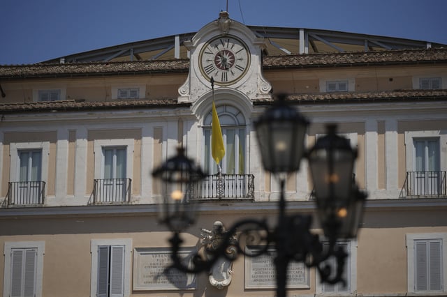 A view of the Papal or Apostolic Palace, a historic summer retreat for popes in the lakeside town of Castel Gandolfo, about 30 kilometers southeast of Rome, where Pope Leo XIV will be spending a short period of rest, is seen Wednesday, July 2, 2025. (AP Photo/Andrew Medichini)