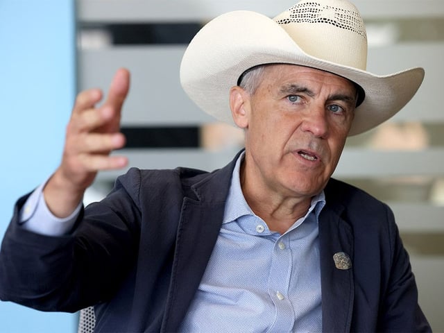 Prime Minister Mark Carney during his interview with Postmedia during a Stampede breakfast at the United Brotherhood of Carpenters and Joiners of America in Calgary on in Calgary on Saturday, July 5, 2025.