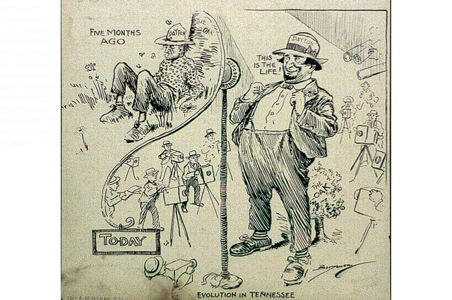An editorial cartoon labeled “Evolution in Tennessee” caricatures the local populace before and after the sensational trial in the 1920s.