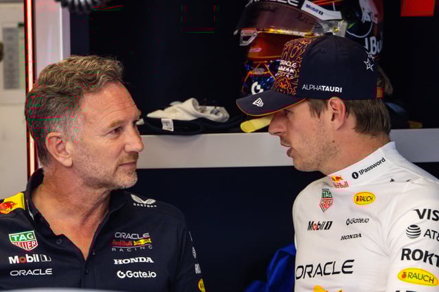Max Verstappen of the Netherlands and Oracle Red Bull Racing speaks to Red Bull Racing CEO and Team Principal Christian Horner in the garage during practice ahead of the F1 Grand Prix of Austria at Red Bull Ring on June 27, 2025 in Spielberg, Austria.