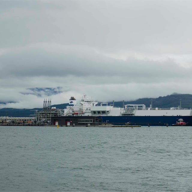 The LNG tanker GasLog Glasgow clears the dock at the LNG Canada facility in Kitimat, B.C., on Monday. The tanker is carrying LNG Canada's first export of liquefied natural gas to Asia.