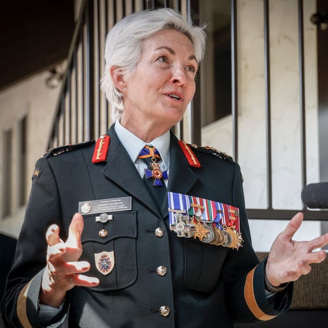 Chief of Defence Staff General Jennie Carignan gestures during an interview in Calgary, Saturday, July 5, 2025. THE CANADIAN PRESS/Jeff McIntosh