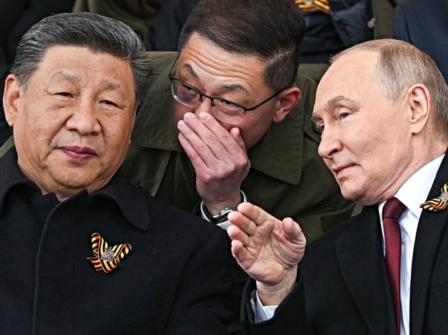 MOSCOW, RUSSIA - MAY 09: (----EDITORIAL USE ONLY - MANDATORY CREDIT - 'SERGEY BOBYLEV / HOST PHOTO AGENCY RIA NOVOSTI / HANDOUT' - NO MARKETING NO ADVERTISING CAMPAIGNS - DISTRIBUTED AS A SERVICE TO CLIENTS----) President of Russia Vladimir Putin and President of China Xi Jinping in Moscow to attend the celebrations of the 80th anniversary of Victory in the Great Patriotic War on May 09, 2025, Russia. Russia marks the 80th anniversary of Victory in the Great Patriotic War of 1941-1945. (Photo by Sergey Bobylev / RIA Novosti/Anadolu via Getty Images)