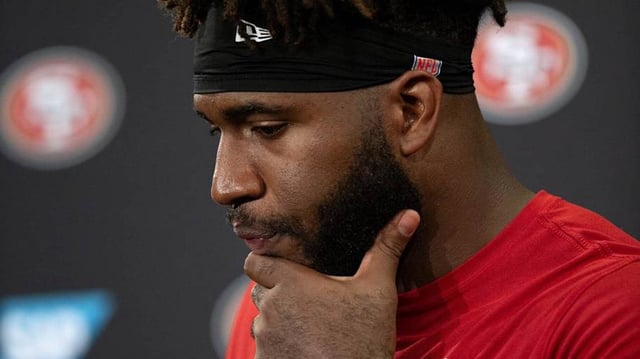 Jun 11, 2025; Santa Clara, CA, USA; San Francisco 49ers defensive end Bryce Huff (47) speaks to the media following a team OTA at Levi's Stadium. Mandatory Credit: D. Ross Cameron-Imagn Images