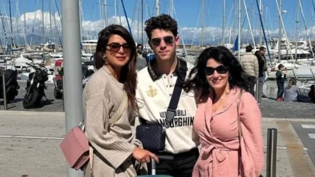 Priyanka Chopra with husband Nick Jonas and mom-in-law Denise Jonas.