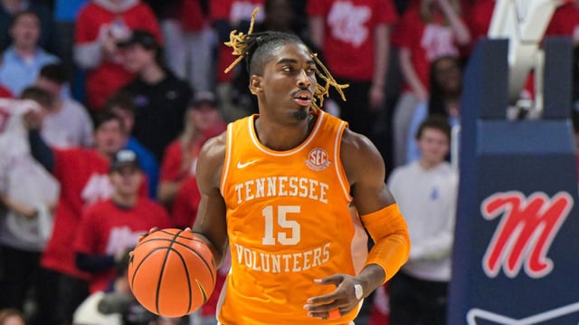 Tennessee guard Jahmai Mashack (15) dribbles upcourt during the second half of an NCAA college basketball game in Oxford, Miss., Wednesday, Mar. 5, 2025. (AP Photo/Bruce Newman)