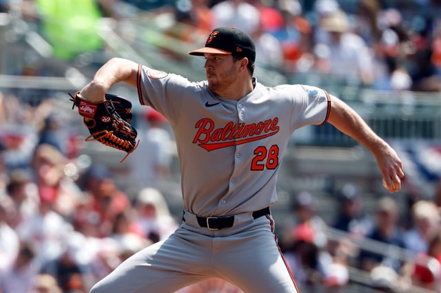Baltimore Orioles pitcher Trevor Rogers throws during the first inning of a baseball game against the Atlanta Braves, Sunday, July 6, 2025, in Atlanta. (AP Photo/Butch Dill)