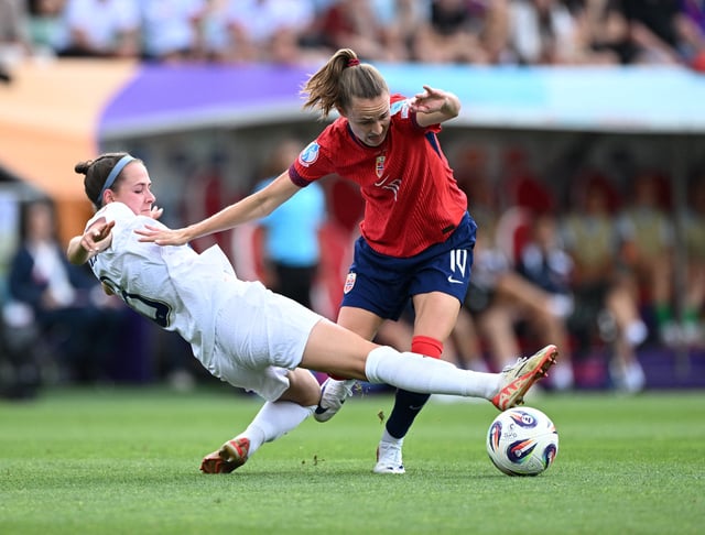 Soccer Football - UEFA Women's Euro 2025 - Group A - Norway v Finland - Stade de Tourbillon, Sion, Switzerland - July 6, 2025 Finland's Joanna Tynnila in action with Norway's Caroline Graham Hansen REUTERS/Annegret Hilse