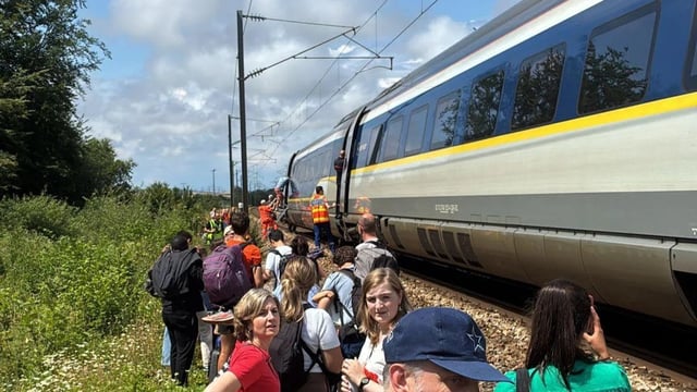 Passengers walked along the tracks as they waited for another train to take them to London