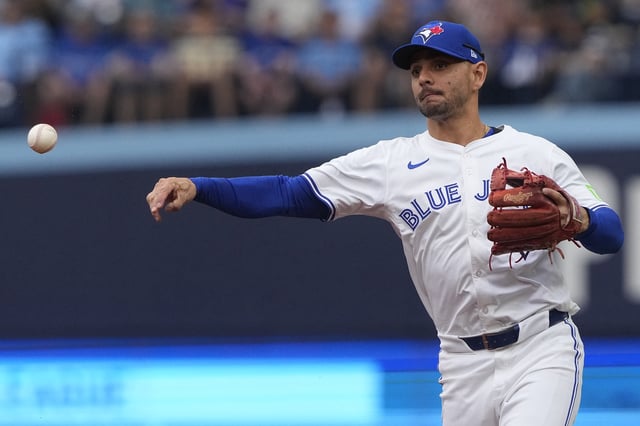 Jun 21, 2025; Toronto, Ontario, CAN; Toronto Blue Jays second baseman Andres Gimenez (0) throws out Chicago White Sox catcher Edgar Quero (not pictured) at first base during the seventh inning at Rogers Centre. Mandatory Credit: John E. Sokolowski-Imagn Images/File Photo