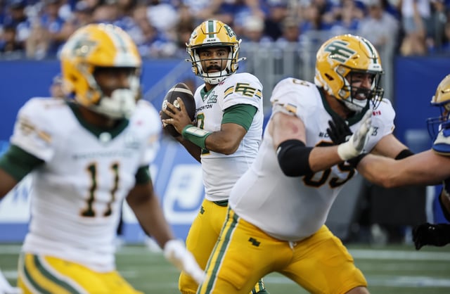 Edmonton Elks quarterback Tre Ford (2) looks for a receiver during first half CFL action against the Winnipeg Blue Bombers in Winnipeg on June 26, 2025.