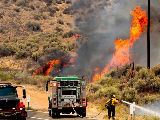 A firefighter battles the Madre Fire as it makes a run along Highway 166, Thursday, July 3, 2025, in San Luis Obispo County, Calif. (AP Photo/Noah Berger)