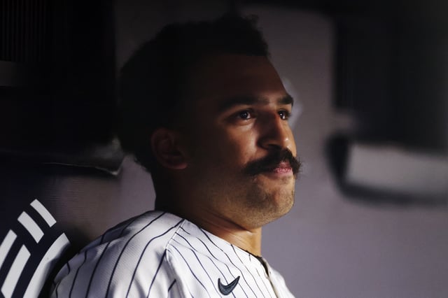 NEW YORK, NEW YORK - MAY 05: Trent Grisham #12 of the New York Yankees reacts after hitting a two-run home run during the third inning against the San Diego Padres at Yankee Stadium on May 05, 2025 in the Bronx borough of New York City. (Photo by Sarah Stier/Getty Images)