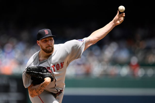 Boston Red Sox starting pitcher Garrett Crochet throws during the first inning of a baseball game against the Washington Nationals, Sunday, July 6, 2025, in Washington. (AP Photo/Nick Wass)