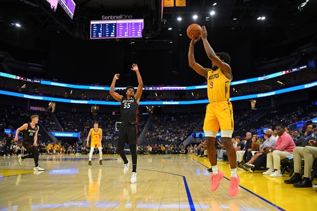 Los Angeles Lakers’ Bronny James (9) shoots against the Miami Heat in the first quarter of their California Classic Summer League game at Chase Center in San Francisco, Calif., on Sunday, July 6, 2025. (Jose Carlos Fajardo/Bay Area News Group)
