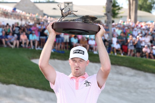 SILVIS, ILLINOIS - JULY 06: Brian Campbell of the United States celebrates after winning the John Deere Classic 2025 at TPC Deere Run on July 06, 2025 in Silvis, Illinois.