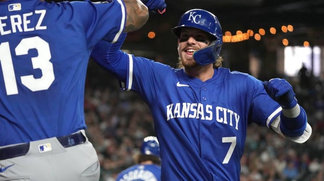 Kansas City Royals shortstop Bobby Witt Jr. celebrates his solo home run against the Arizona Diamondbacks with teammate Salvador Perez on Sunday, July 6, 2025 at Chase Field in Phoenix.