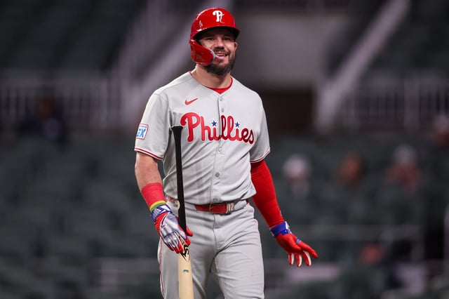 Jun 27, 2025; Atlanta, Georgia, USA; Philadelphia Phillies designated hitter Kyle Schwarber (12) reacts after a strikeout against the Atlanta Braves in the ninth inning at Truist Park. Mandatory Credit: Brett Davis-Imagn Images/File Photo