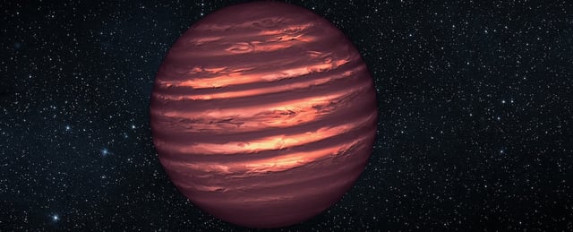 This artist's conception illustrates the brown dwarf named 2MASSJ22282889-431026. NASA's Hubble and Spitzer space telescopes observed the object to learn more about its turbulent atmosphere. Brown dwarfs are more massive and hotter than planets but lack the mass required to become sizzling stars. Their atmospheres can be similar to the giant planet Jupiter's. Spitzer and Hubble simultaneously observed the object as it rotated every 1.4 hours. The results suggest wind-driven, planet-size clouds. Image credit: