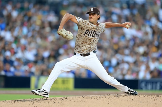 SAN DIEGO, CALIFORNIA – JULY 06: Kyle Hart #68 of the San Diego Padres pitches during the third inning of a game against the Texas Rangers at Petco Park on July 06, 2025 in San Diego, California. (Photo by Sean M. Haffey/Getty Images)