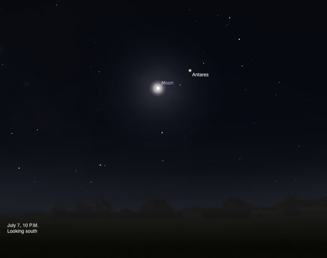 Look south this evening after sunset to catch the Moon hanging with ruby-red Antares. Then, compare the star’s hue to that of Mars in the west. Credit: Stellarium/USGS/Celestia/Clementine