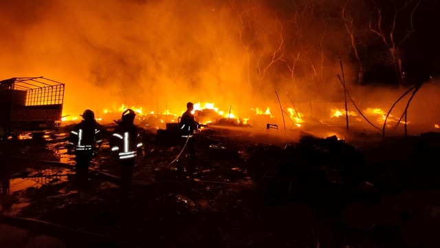 Fire broke out at a truck terminal at Turbhe, causing a blast at the spot, on Sunday, in Navi Mumbai.