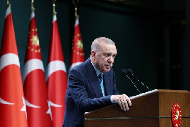 Turkish President Tayyip Erdogan speaks during a press conference following a cabinet meeting in Ankara, Turkey, June 16, 2025. Murat Kula/Presidential Press Office/Handout via REUTERS/File photo